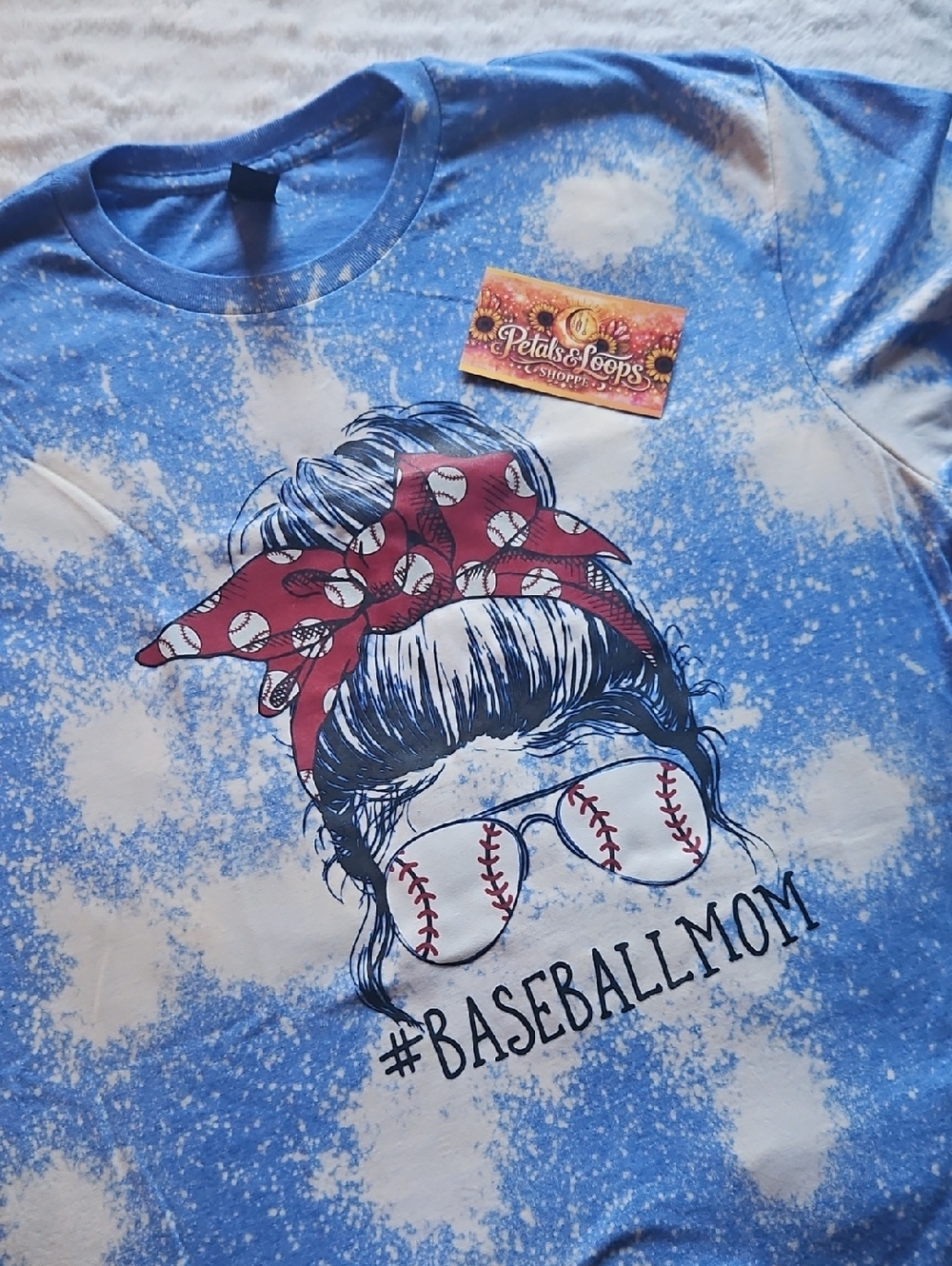 Gildan Blue Tie-Dye #BASEBALLMOM Tee with Red Bandana